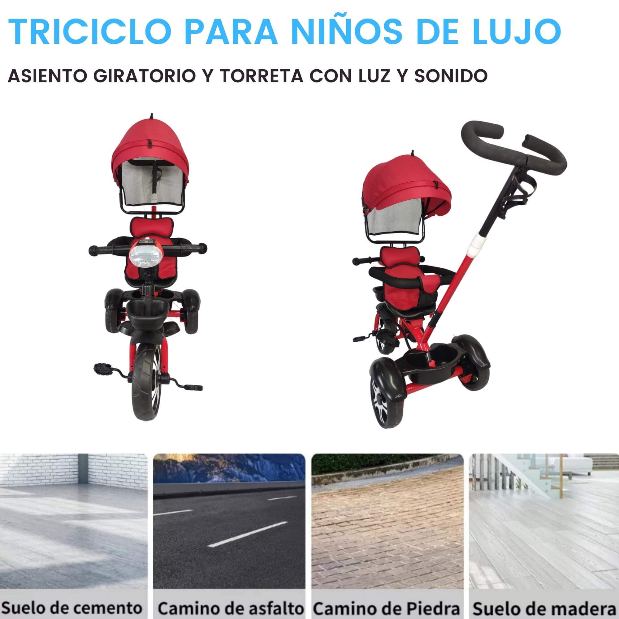 Triciclo Evolutivo para Niños Asiento Giratorio 360 Luz Capota  - Rojo.