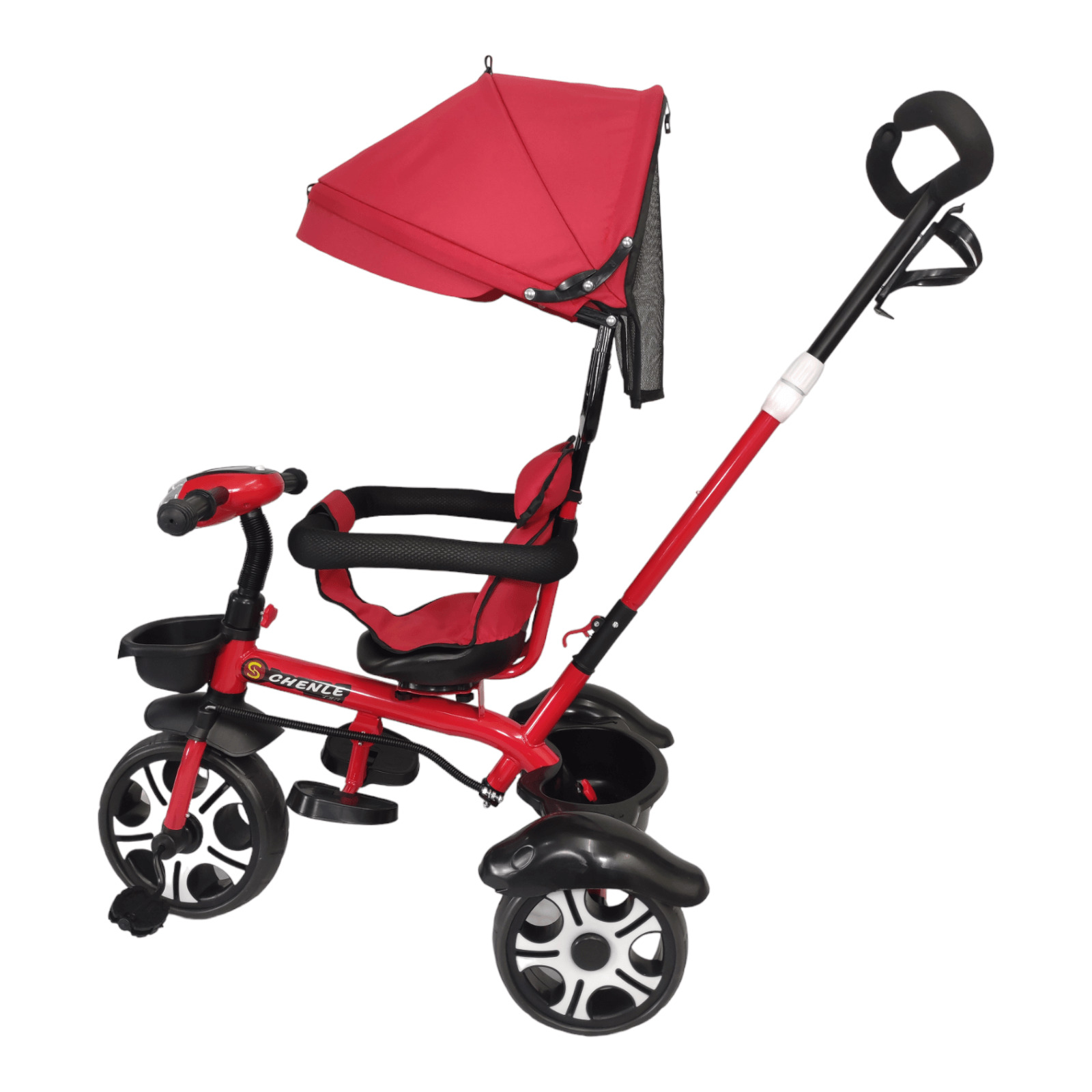 Triciclo Evolutivo para Niños Asiento Giratorio 360 Luz Capota  - Rojo.