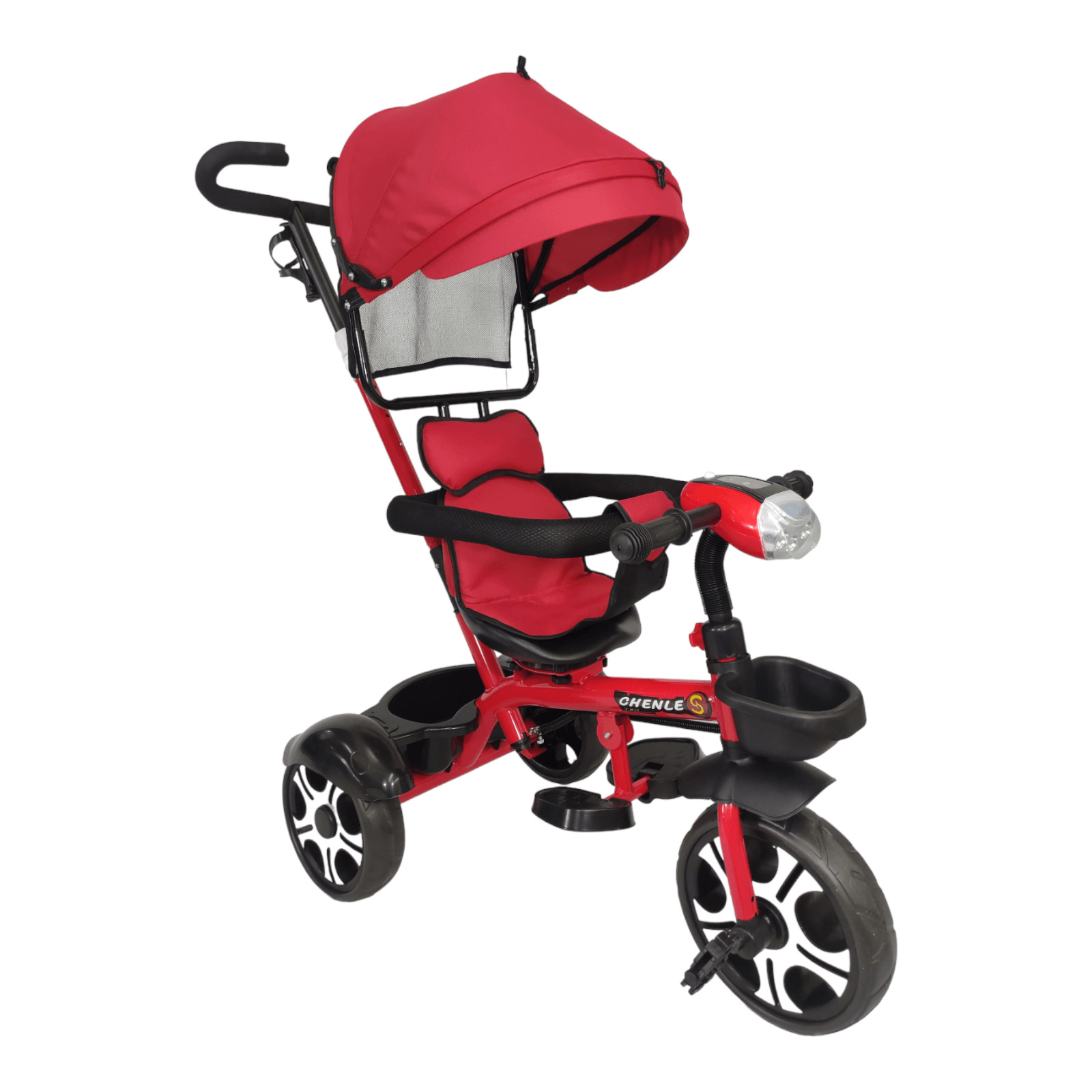 Triciclo Evolutivo para Niños Asiento Giratorio 360 Luz Capota  - Rojo.