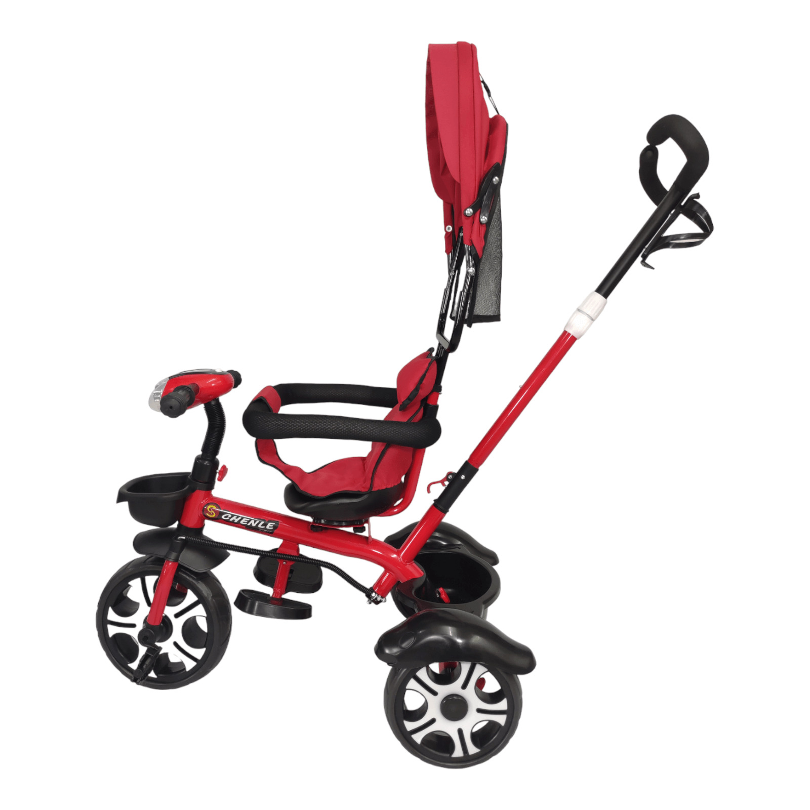 Triciclo Evolutivo para Niños Asiento Giratorio 360 Luz Capota  - Rojo.
