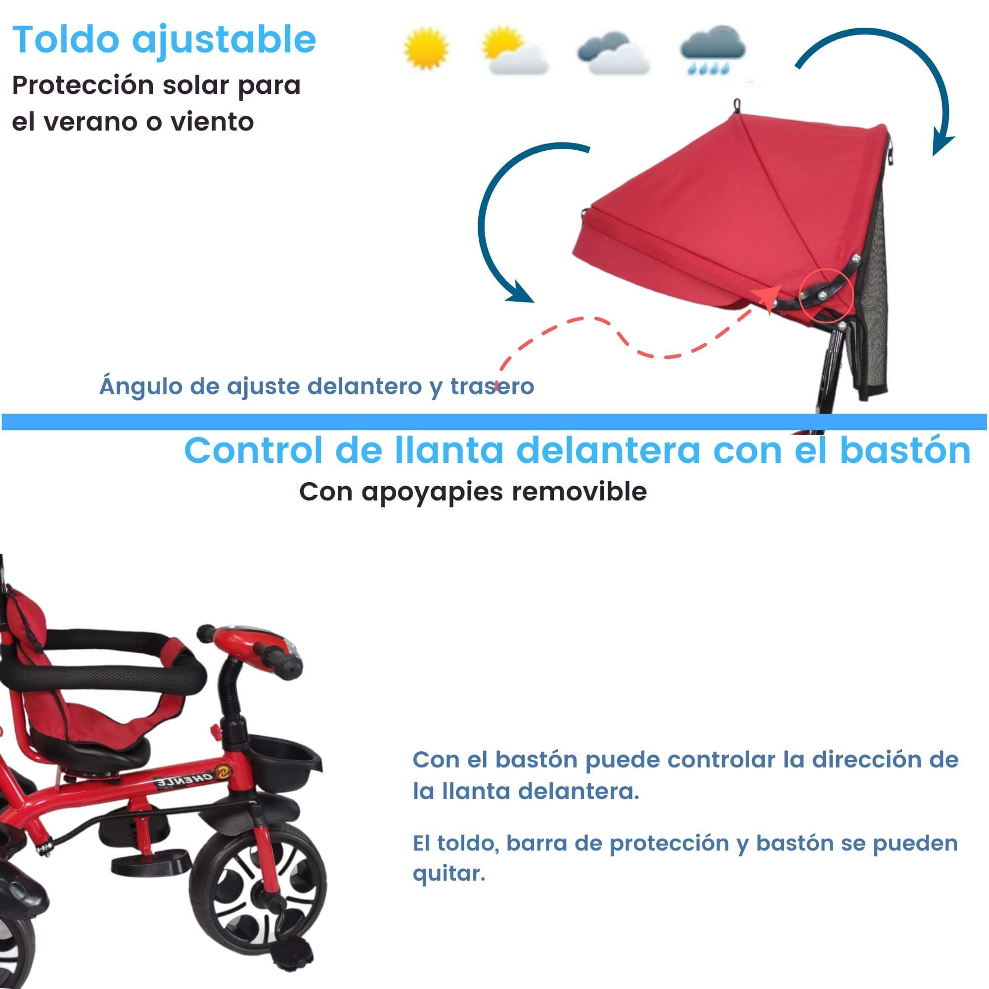 Triciclo Evolutivo para Niños Asiento Giratorio 360 Luz Capota  - Rojo.