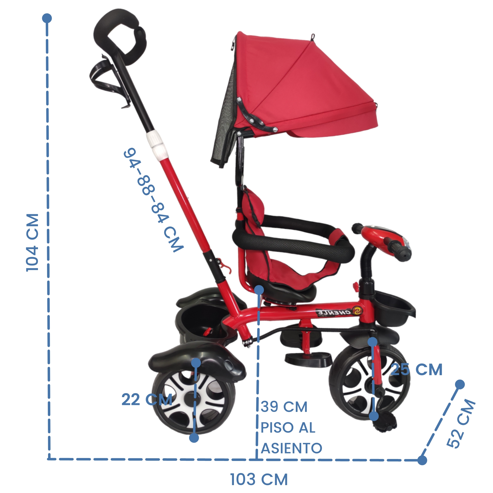 Triciclo Evolutivo para Niños Asiento Giratorio 360 Luz Capota  - Rojo.