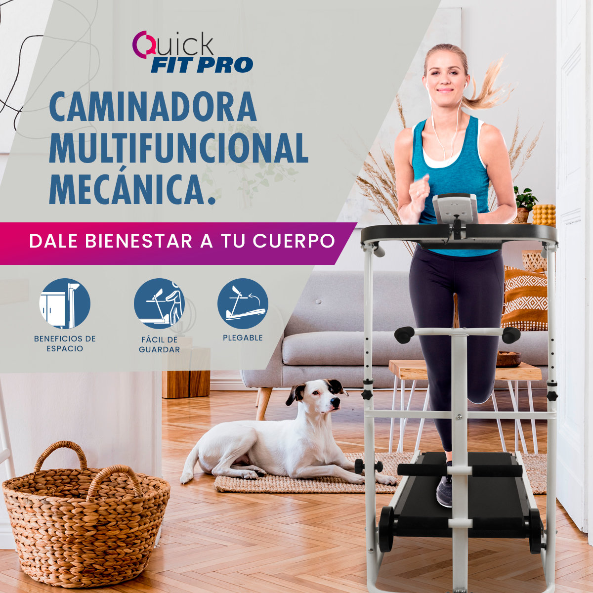 Caminadora Fitness Manual 4 en 1 Plegable Quick Fit Pro TV Ofertas Blanca, Portátil, con Bocina, ligas, barras y disco twister