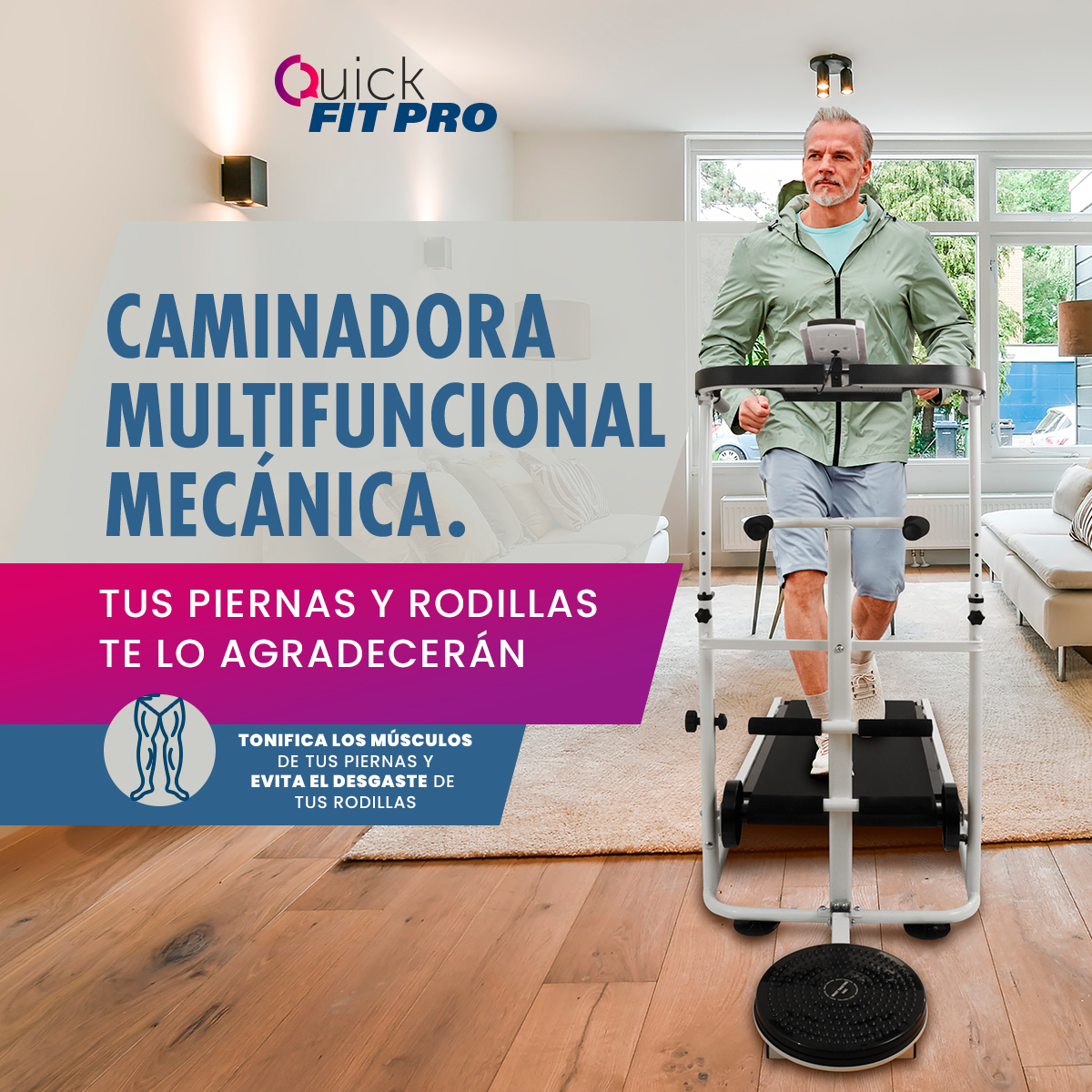 Caminadora Fitness Manual 4 en 1 Plegable Quick Fit Pro TV Ofertas Blanca, Portátil, con Bocina, ligas, barras y disco twister