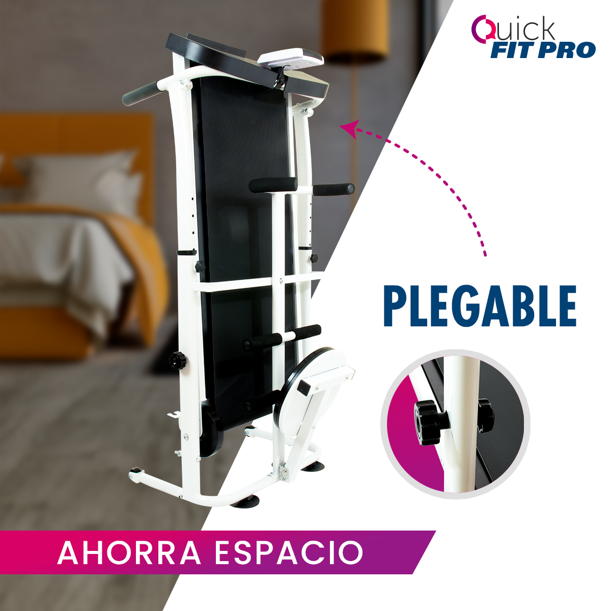 Caminadora Fitness Manual 4 en 1 Plegable Quick Fit Pro TV Ofertas Blanca, Portátil, con Bocina, ligas, barras y disco twister