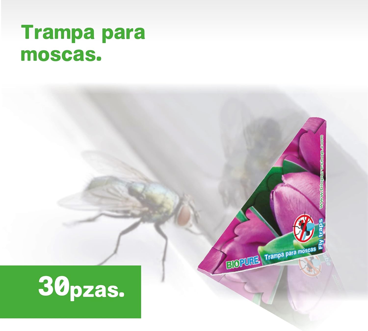 BIOPURE Kit de trampas de Pegamento para Moscas - No venenoso - Seguro para niños y Mascotas - Su Aroma atrae a Las Moscas - 30 Pack - 100% Ecológico..