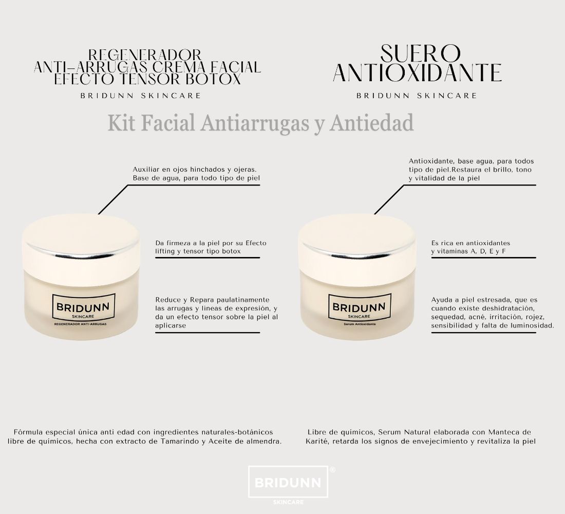 Kit Antiedad Crema Facial Antiarrugas Efecto Tensor y Suero Facial Antioxidante Natural BRIDUNN Skincare .