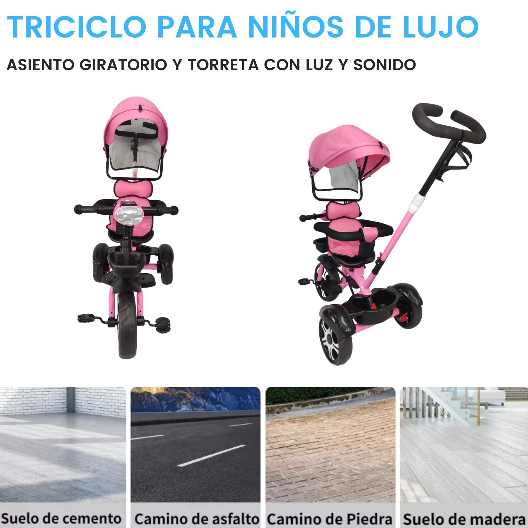 Triciclo Evolutivo para Niños Asiento Giratorio 360 Luz Capota  - Rosa.