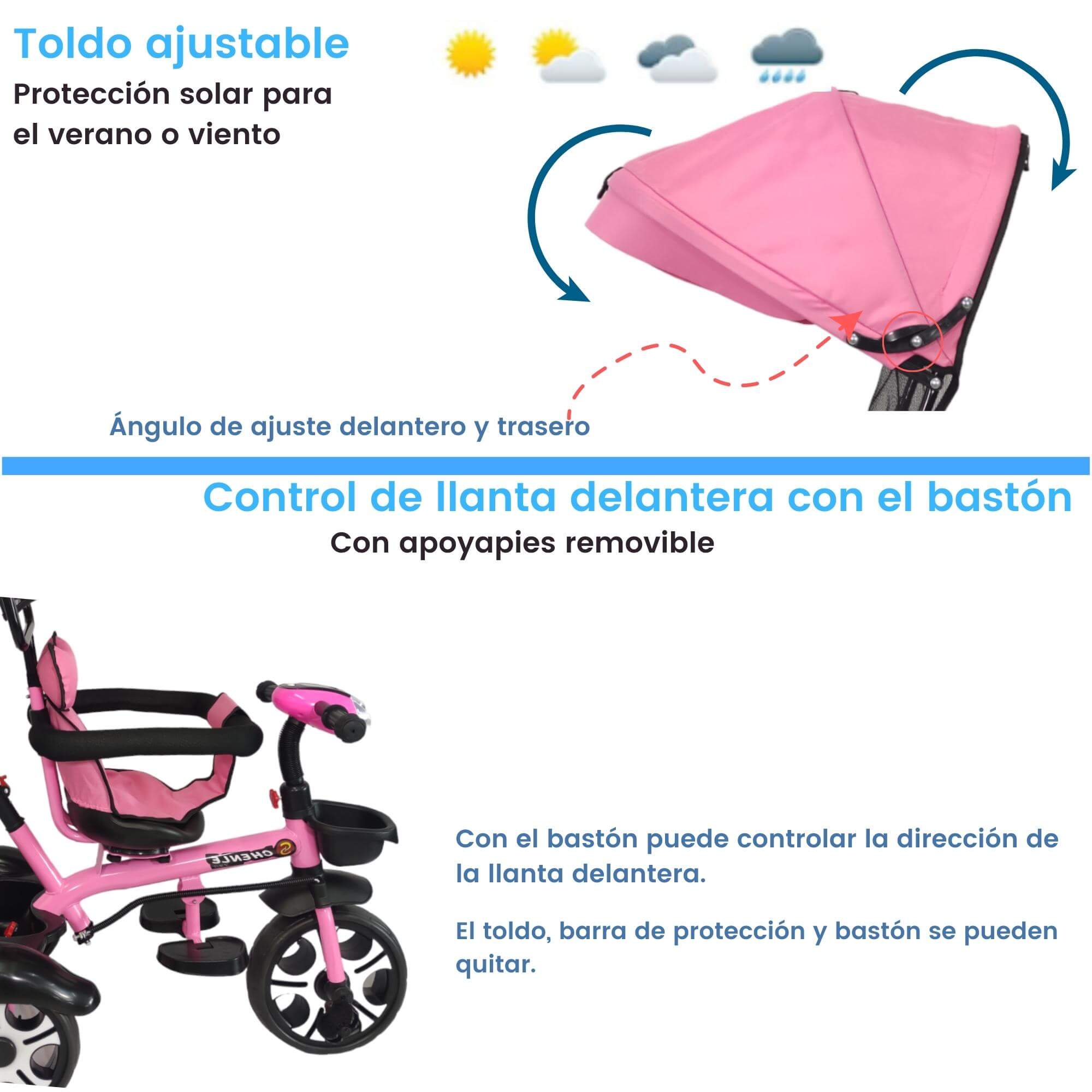 Triciclo Evolutivo para Niños Asiento Giratorio 360 Luz Capota  - Rosa.