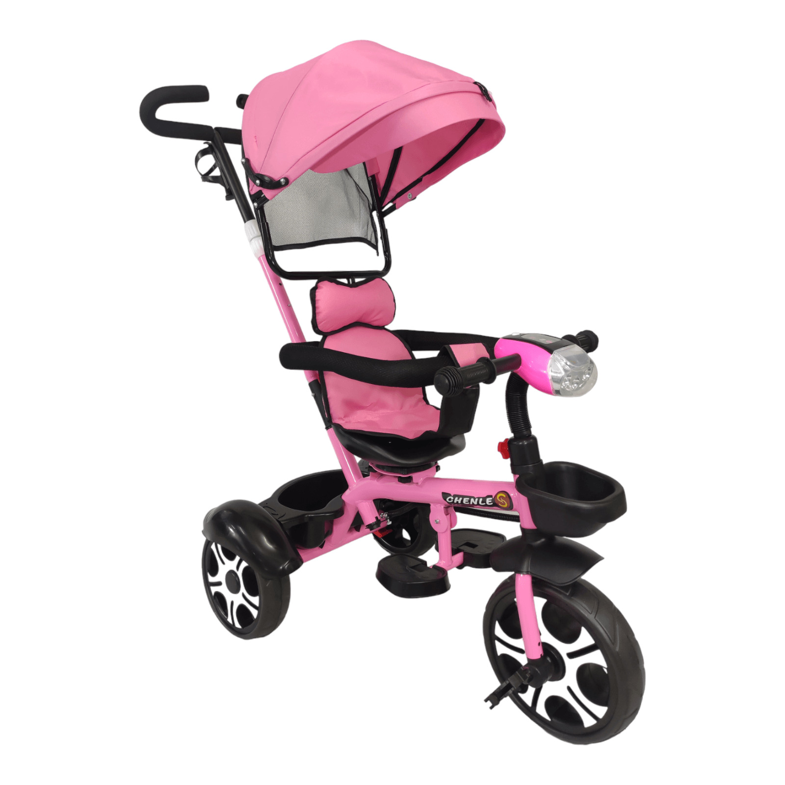 Triciclo Evolutivo para Niños Asiento Giratorio 360 Luz Capota  - Rosa.