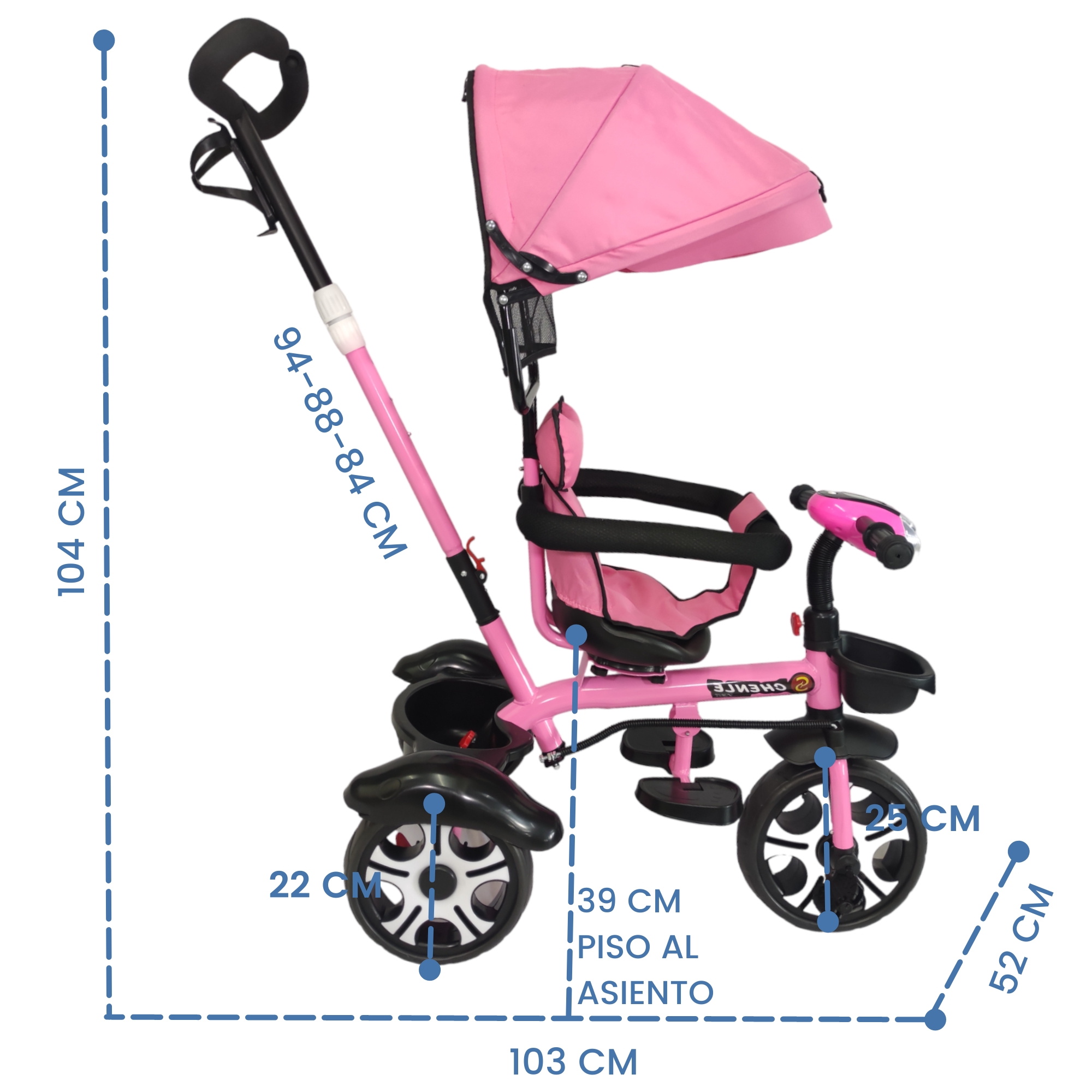 Triciclo Evolutivo para Niños Asiento Giratorio 360 Luz Capota  - Rosa.