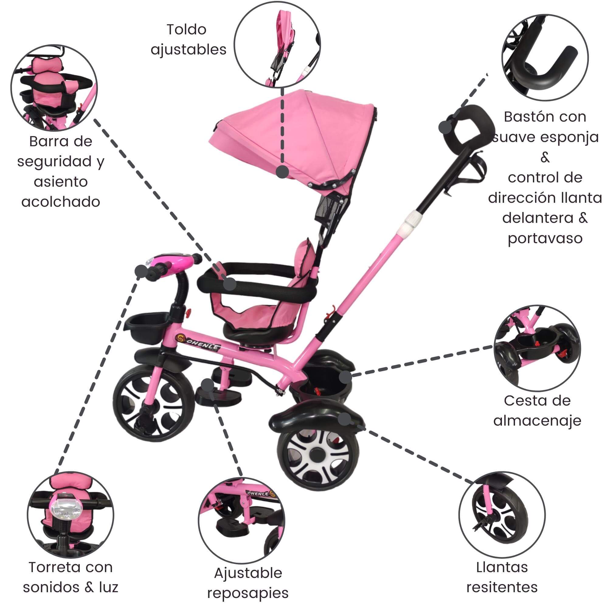 Triciclo Evolutivo para Niños Asiento Giratorio 360 Luz Capota  - Rosa.