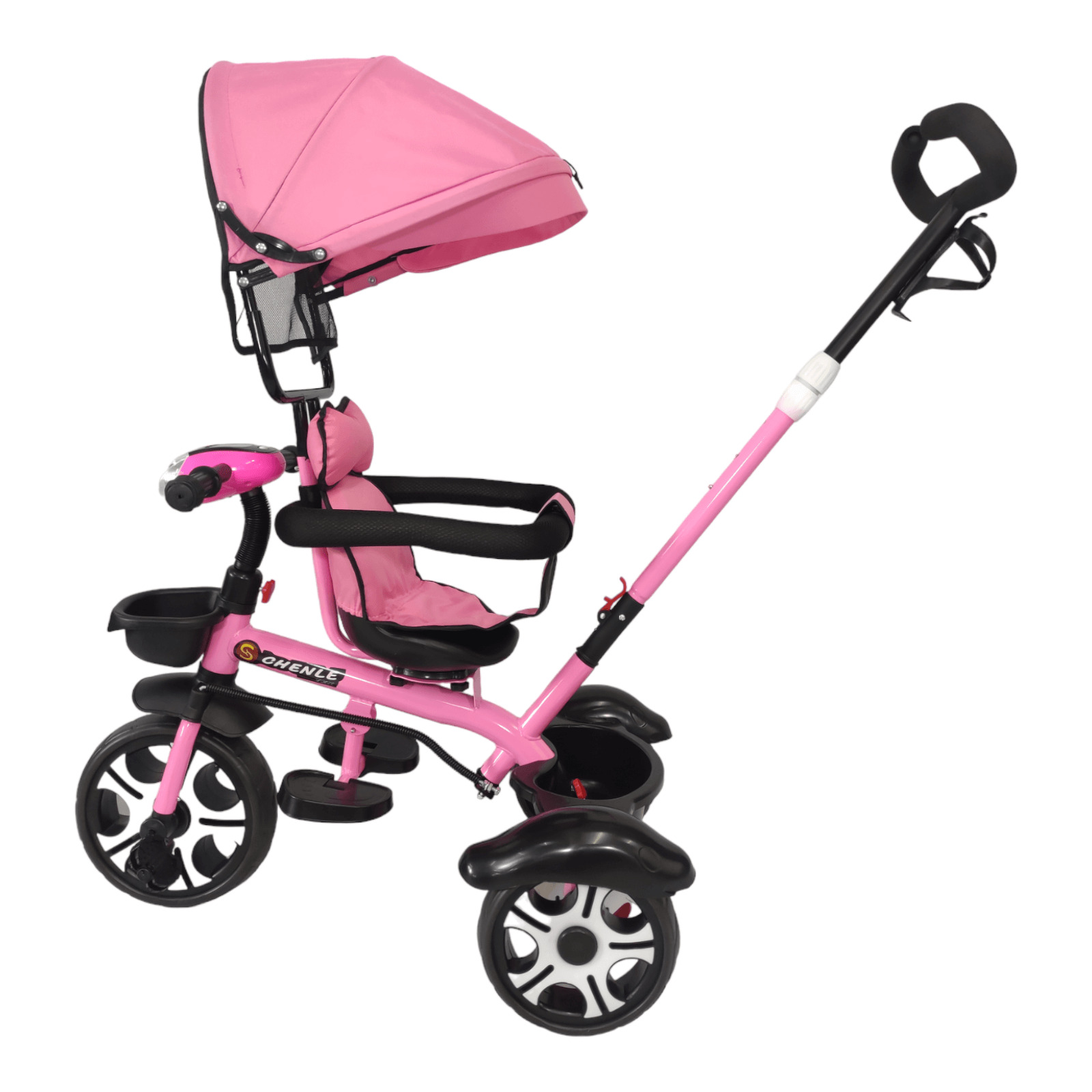 Triciclo Evolutivo para Niños Asiento Giratorio 360 Luz Capota  - Rosa.