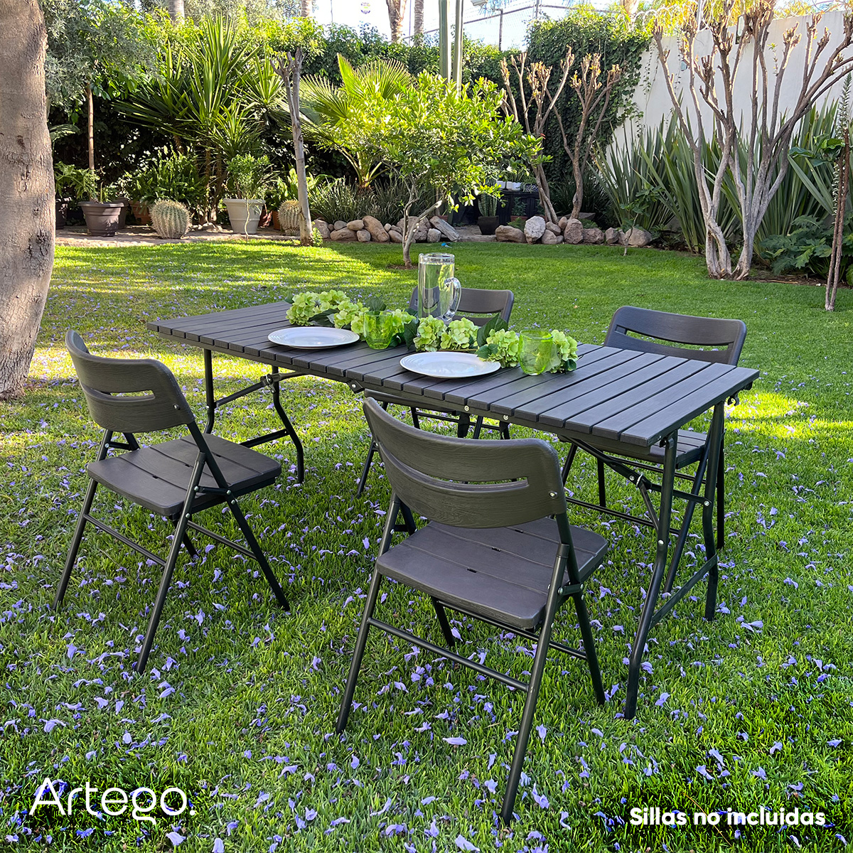 Mesa rectangular plegable acabado tipo madera plástico HDPE ligera Folding table mesa premium para terraza jardín eventos de 1.66m