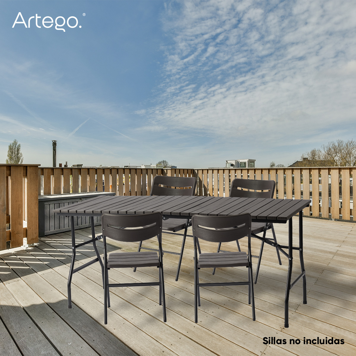 Mesa rectangular plegable acabado tipo madera plástico HDPE ligera Folding table mesa premium para terraza jardín eventos de 1.66m