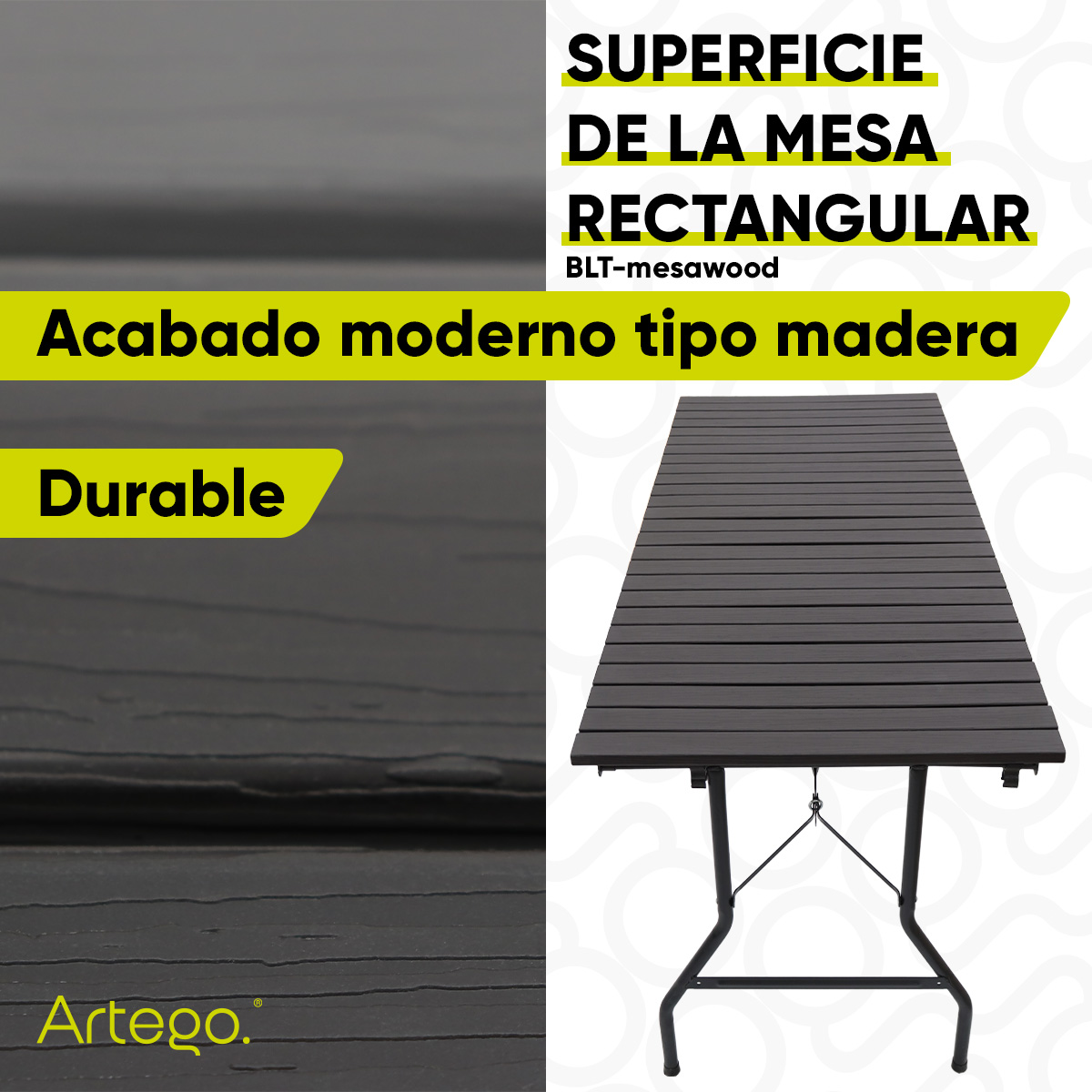 Mesa rectangular plegable acabado tipo madera plástico HDPE ligera Folding table mesa premium para terraza jardín eventos de 1.66m