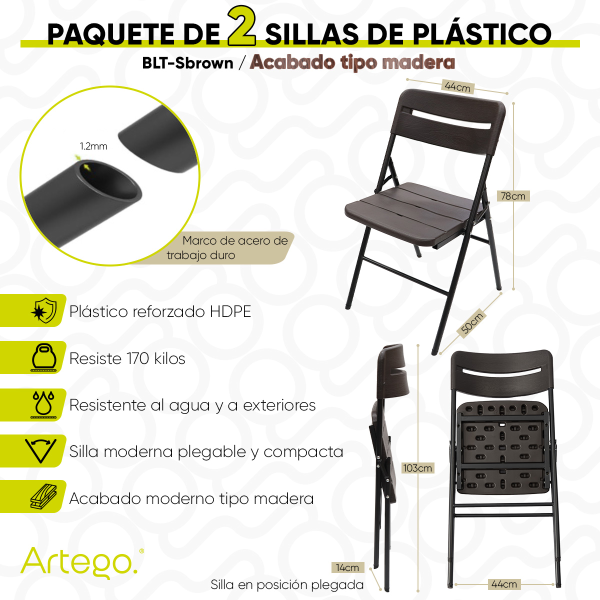 Silla plegable acabado tipo madera plástico HDPE ligera Folding chair compacta para terraza jardín eventos paquete de 2 sillas.