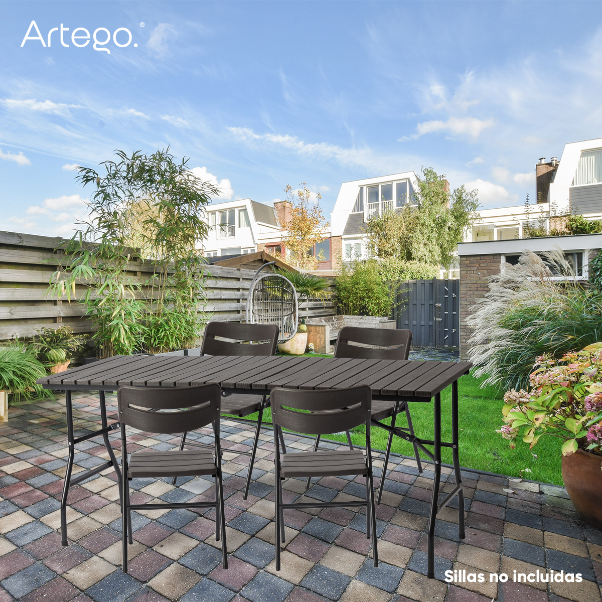 Mesa rectangular plegable acabado tipo madera plástico HDPE ligera Folding table mesa premium para terraza jardín eventos de 1.66m