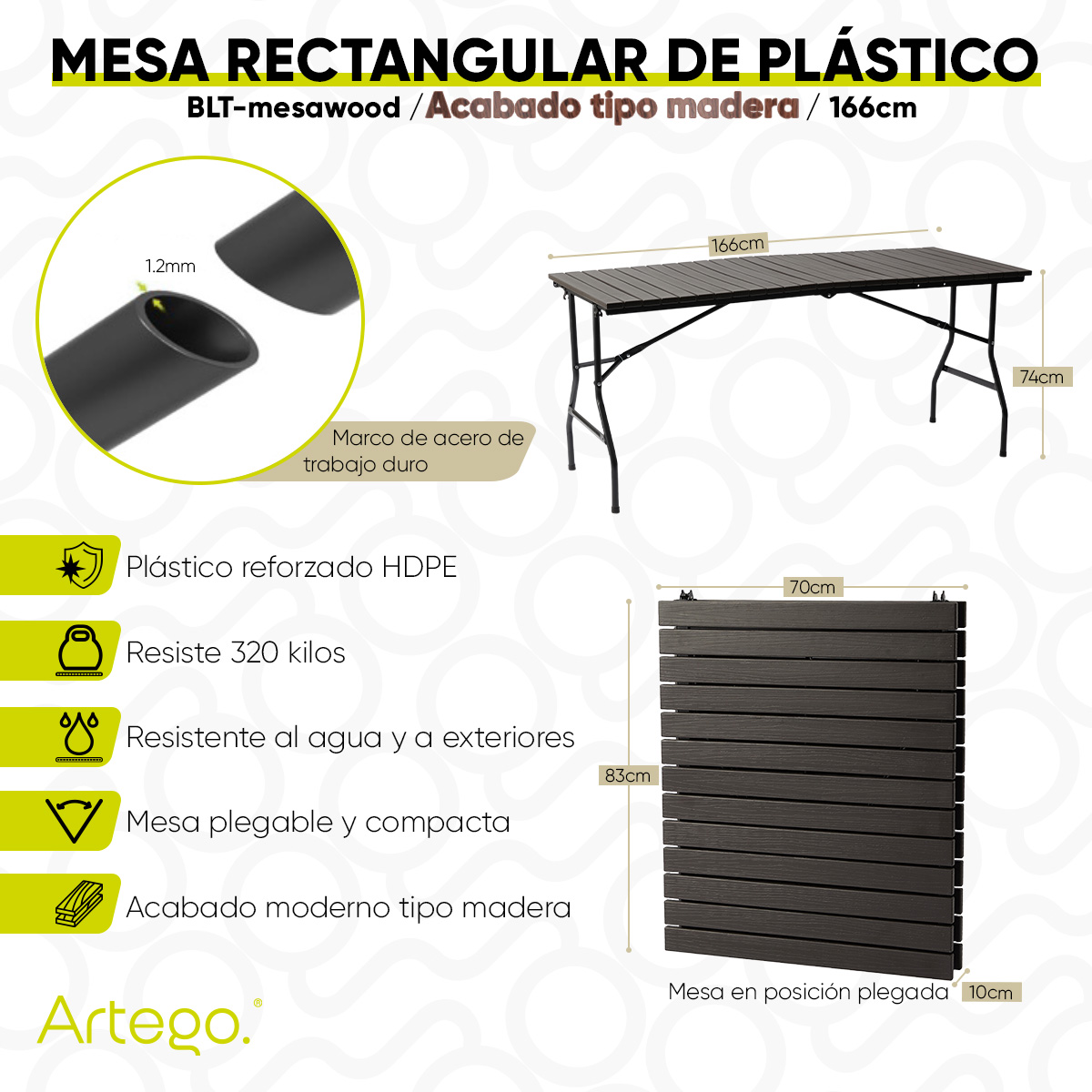 Mesa rectangular plegable acabado tipo madera plástico HDPE ligera Folding table mesa premium para terraza jardín eventos de 1.66m