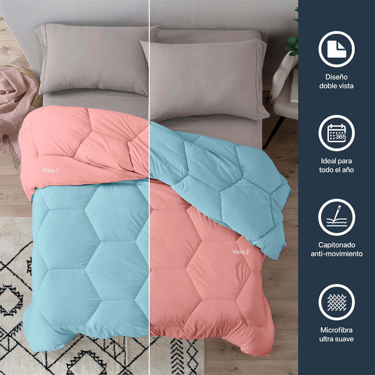 Edredón Acolchado Duvet Matrimonial XL de Doble Vista Azul Claro - Coral ESQUIMAL