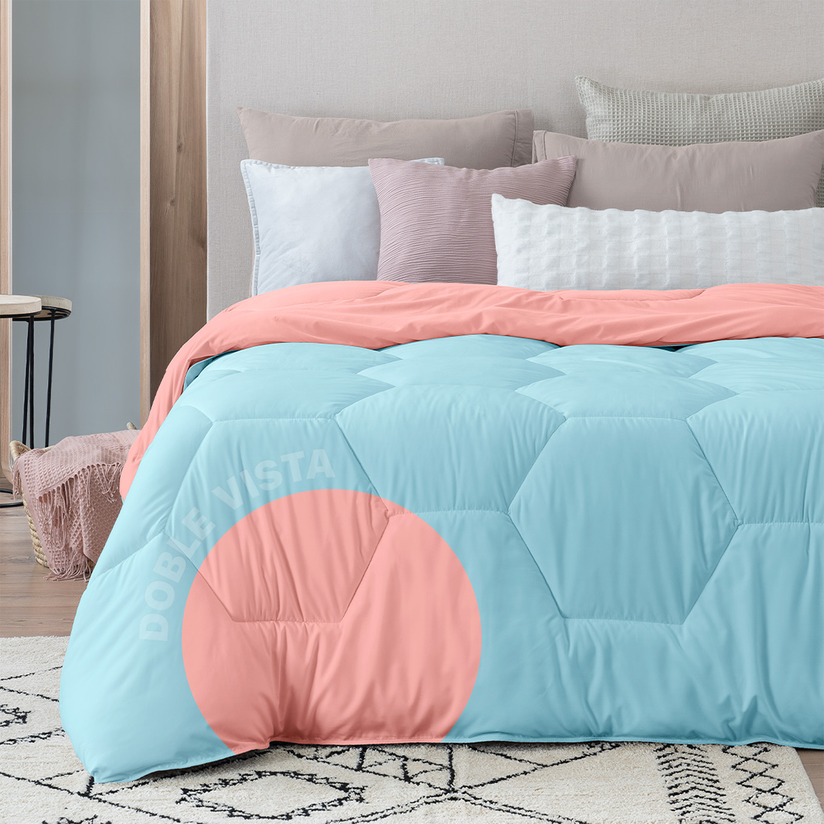 Edredón Acolchado Duvet Matrimonial XL de Doble Vista Azul Claro - Coral ESQUIMAL