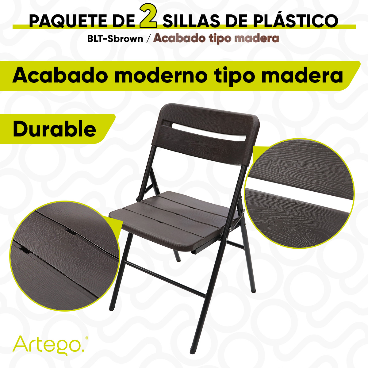 Silla plegable acabado tipo madera plástico HDPE ligera Folding chair compacta para terraza jardín eventos paquete de 2 sillas.