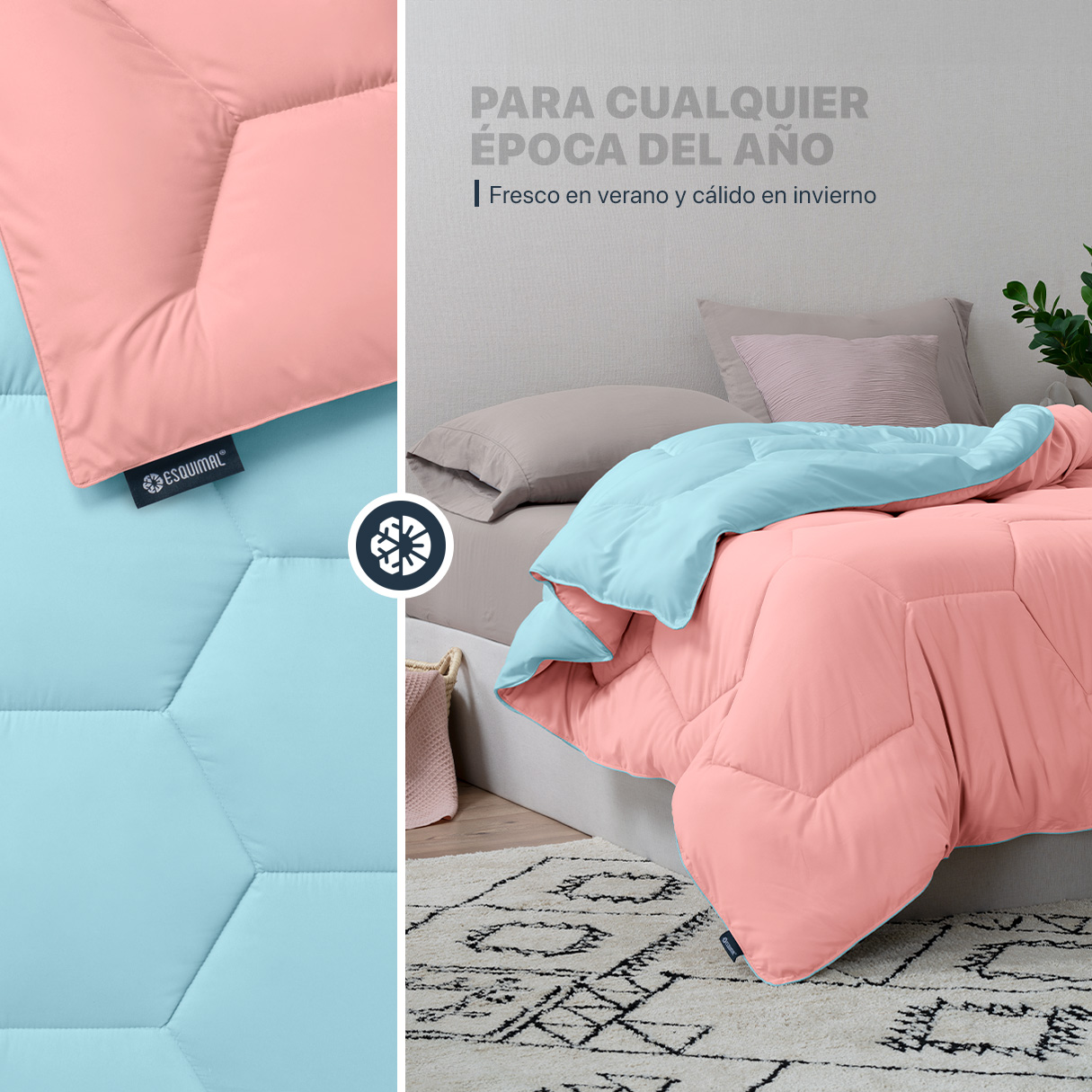 Edredón Acolchado Duvet Matrimonial XL de Doble Vista Azul Claro - Coral ESQUIMAL