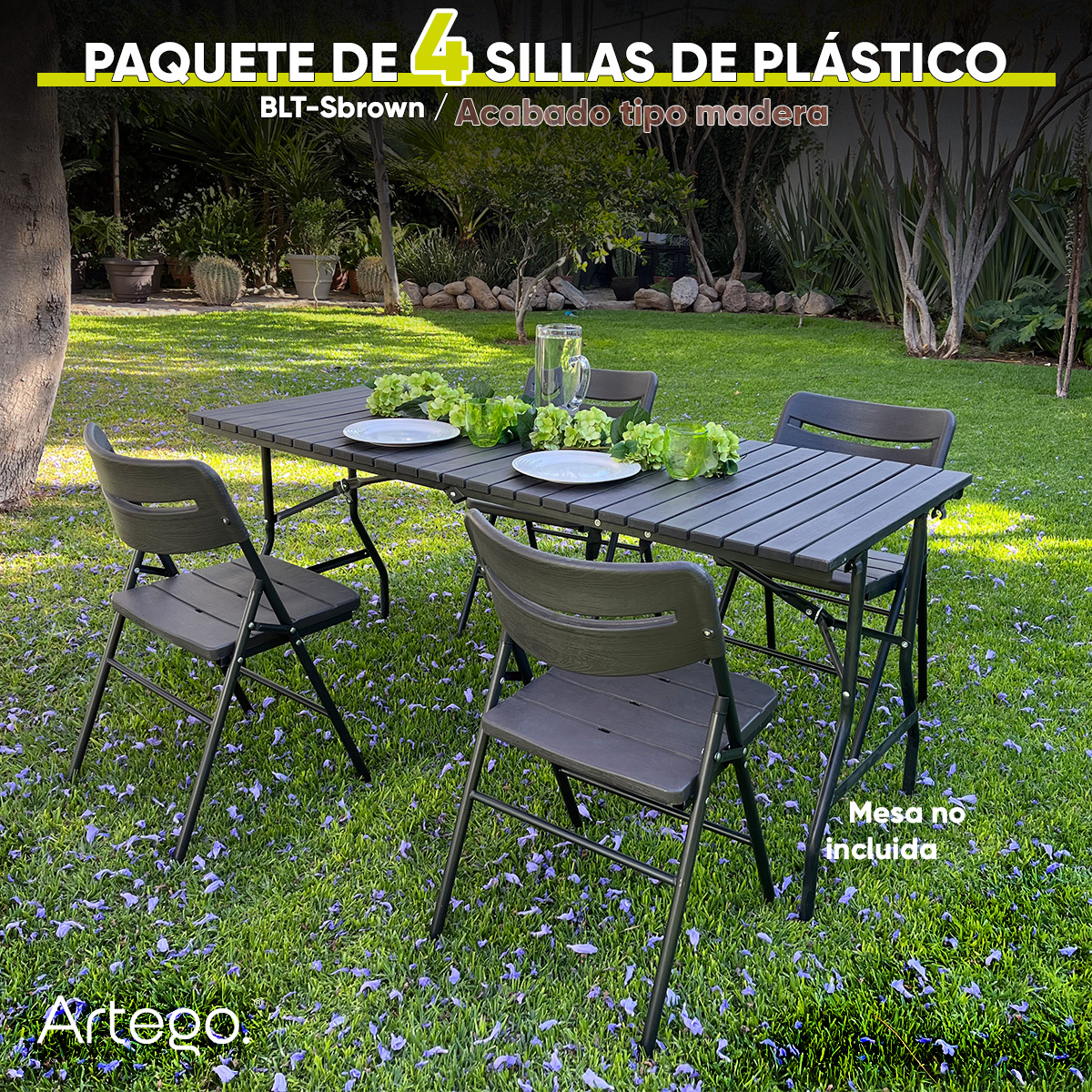 Silla plegable acabado tipo madera plástico HDPE ligera Folding chair compacta para terraza jardín eventos paquete de 4 sillas.