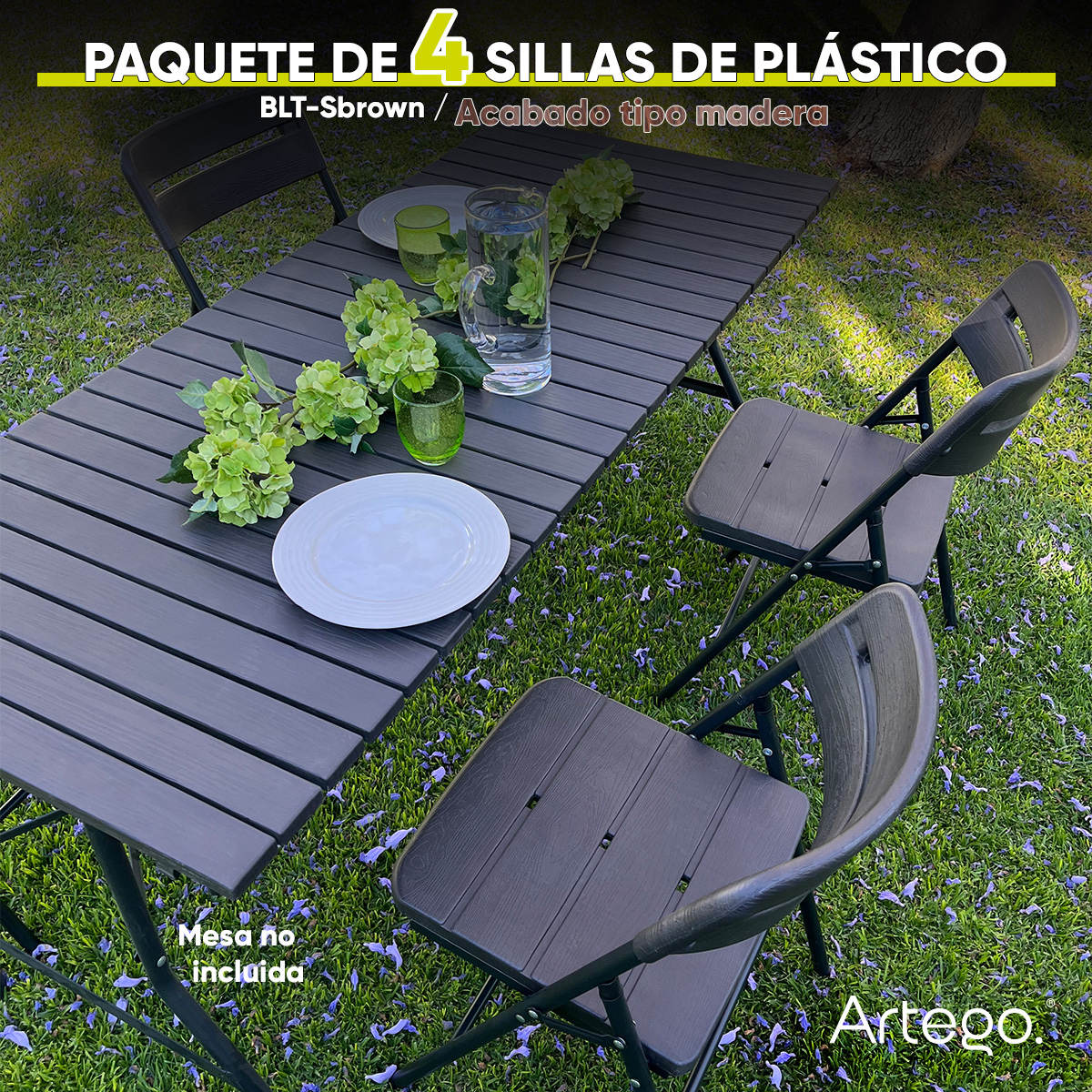 Silla plegable acabado tipo madera plástico HDPE ligera Folding chair compacta para terraza jardín eventos paquete de 4 sillas.