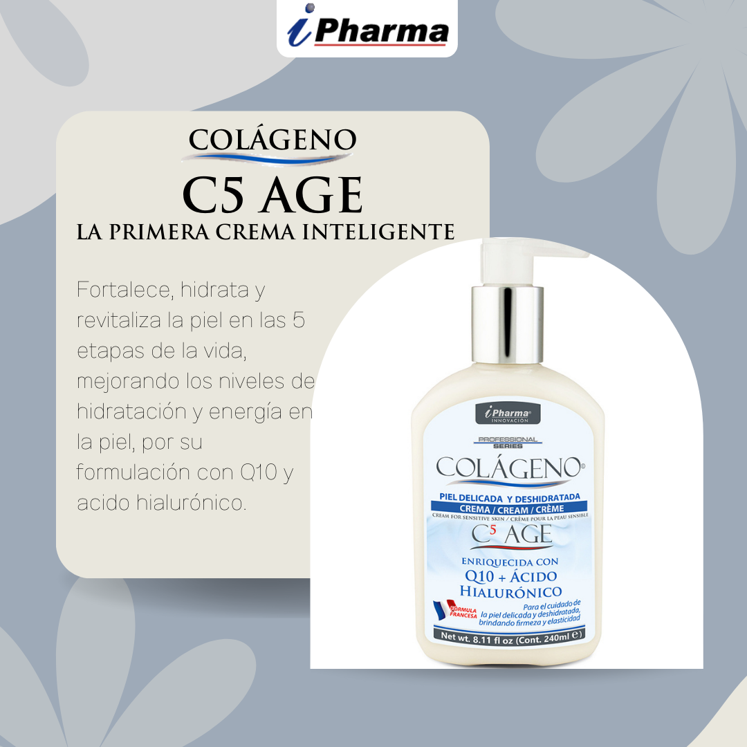 Crema con péptidos de Colágeno de tipo I, III, IIV, VII y XVII enriquecido con Ácido Hialurónico, Q10 colágeno C5 AGE  240 ml I Pharma  