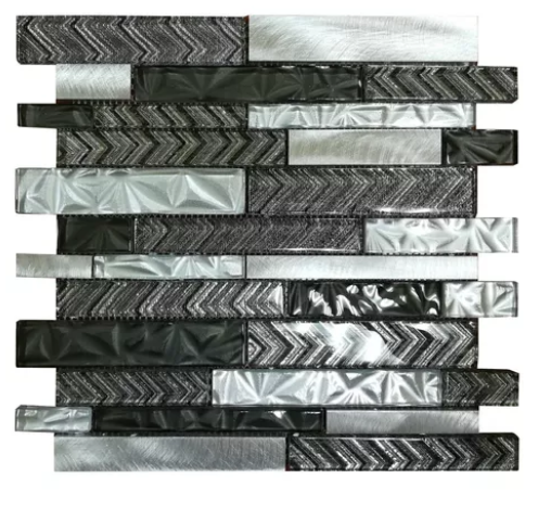 Malla o Mosaico Decorativo de vidrio NA, medida 30 x 30 cms. (base por altura). Diseño en tonos plata y gris con detalles en relieve. Caja de 5 piezas.