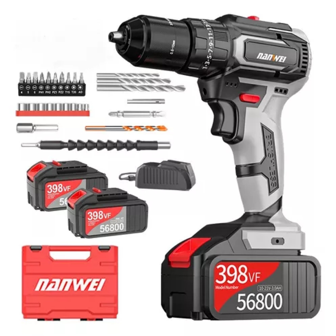 Taladro Rotomartillo Nanwei Sin Carbones Con 2baterías 3.0ah Color Negro