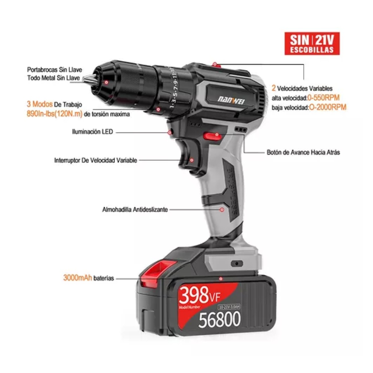 Taladro Rotomartillo Nanwei Sin Carbones Con 2baterías 3.0ah Color Negro