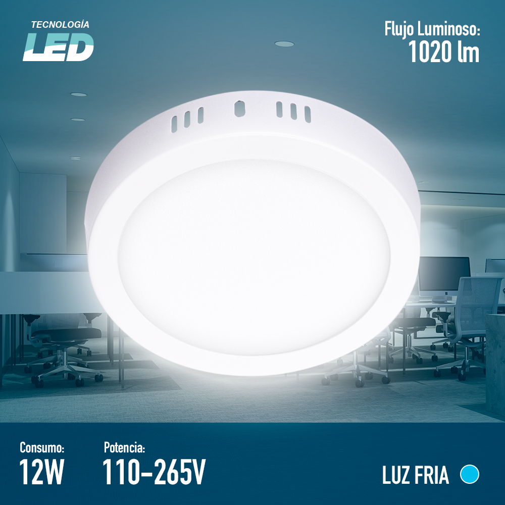 ICON Luminario Led Downlight Lámpara de Techo Sobrepuesto 12W Luz Neutra 6500K