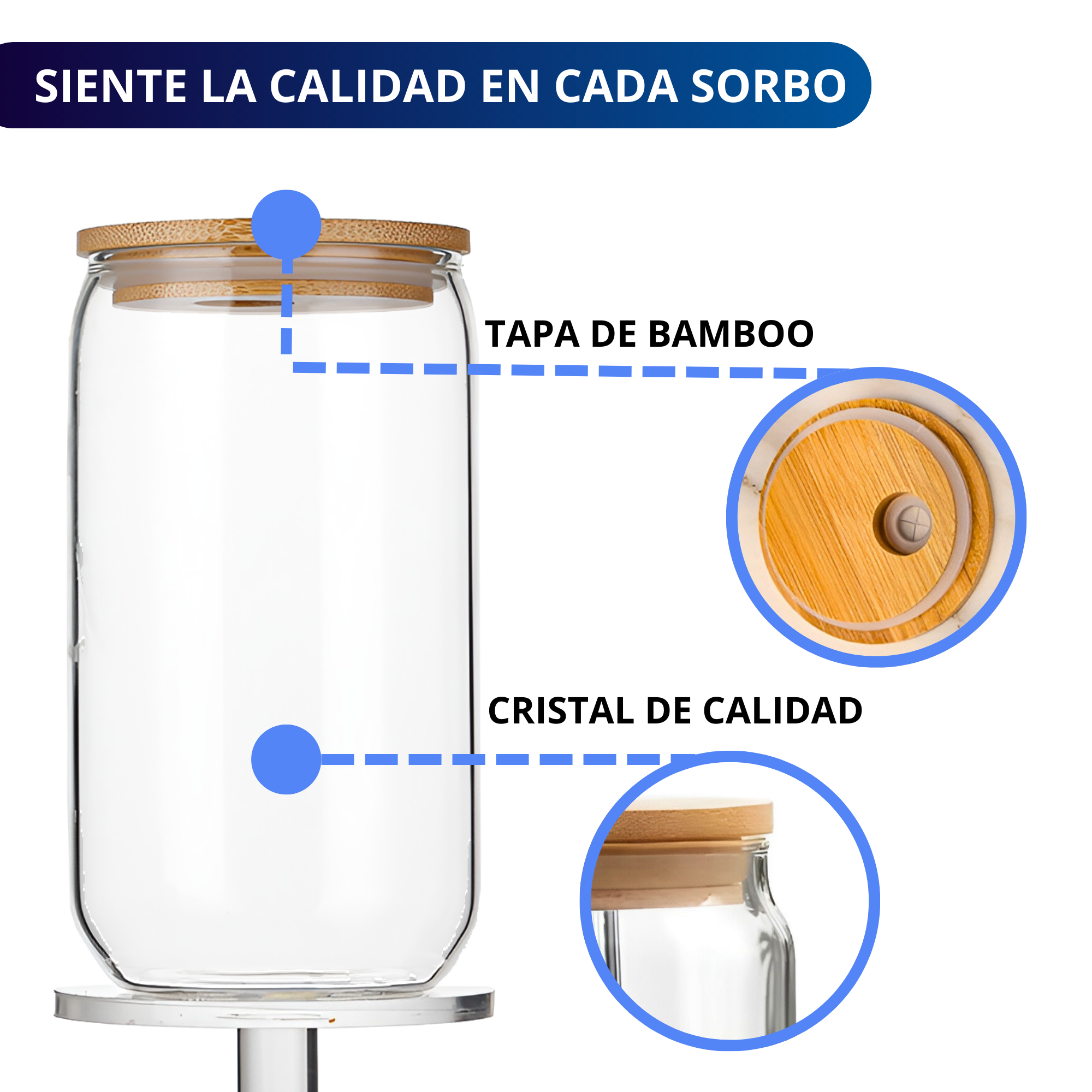 Vasos De Vidrio Con Popote Ecomlab Tapa Bambú Juego de 4 Pcs.