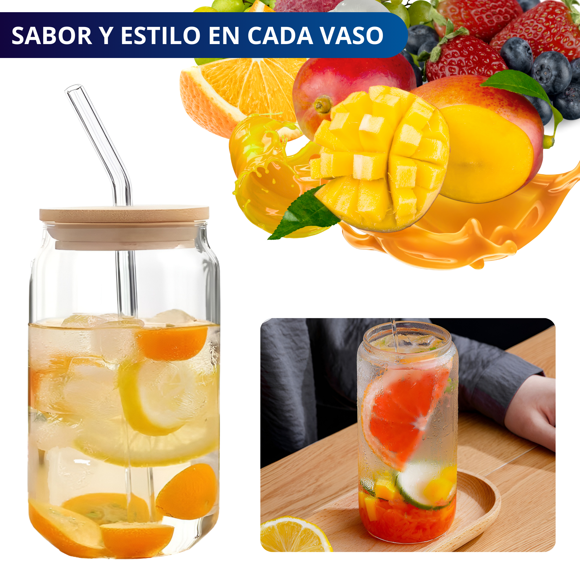 Vasos De Vidrio Con Popote Ecomlab Tapa Bambú Juego de 4 Pcs.