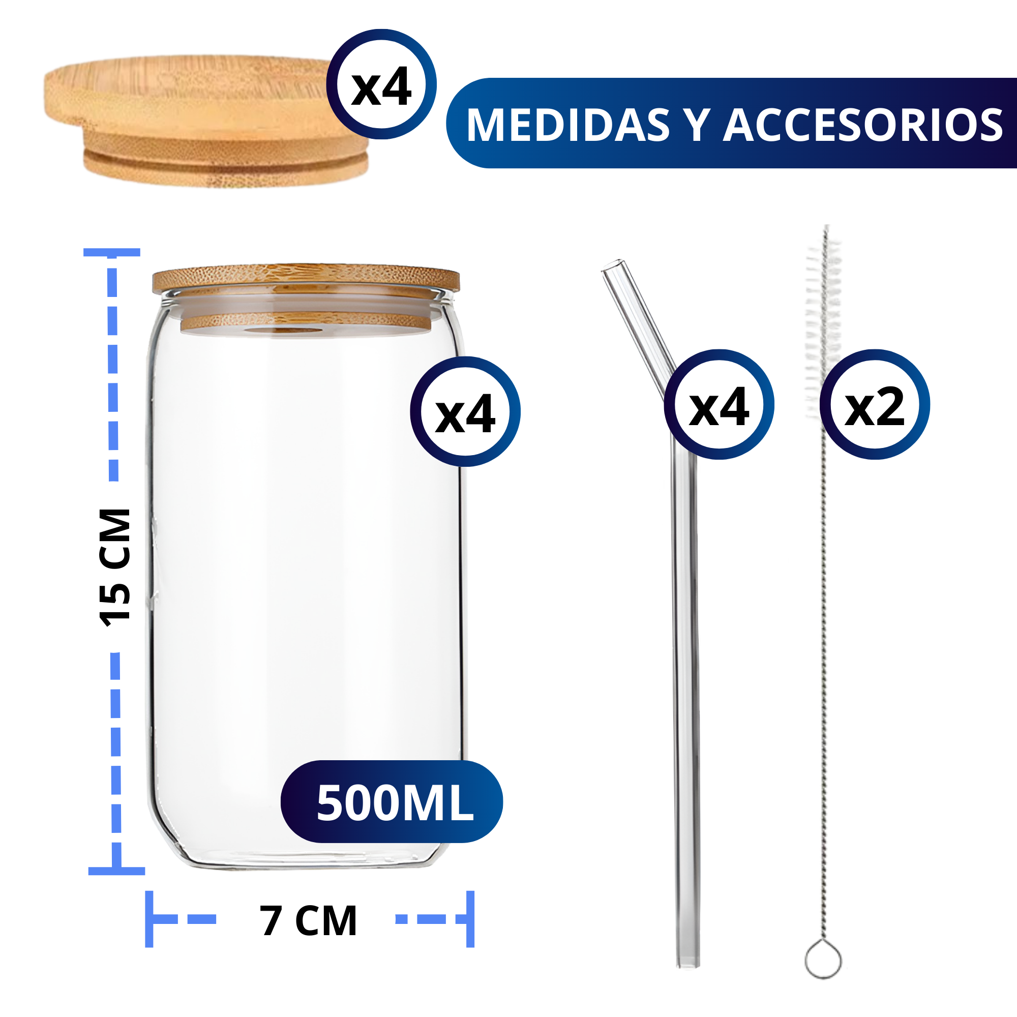 Vasos De Vidrio Con Popote Ecomlab Tapa Bambú Juego de 4 Pcs.