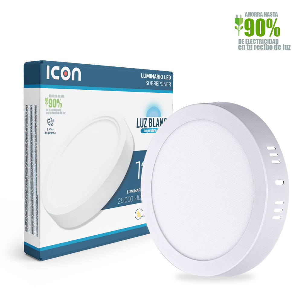 ICON Luminario Led Downlight Lámpara de Techo Sobrepuesto 12W Luz Neutra 6500K