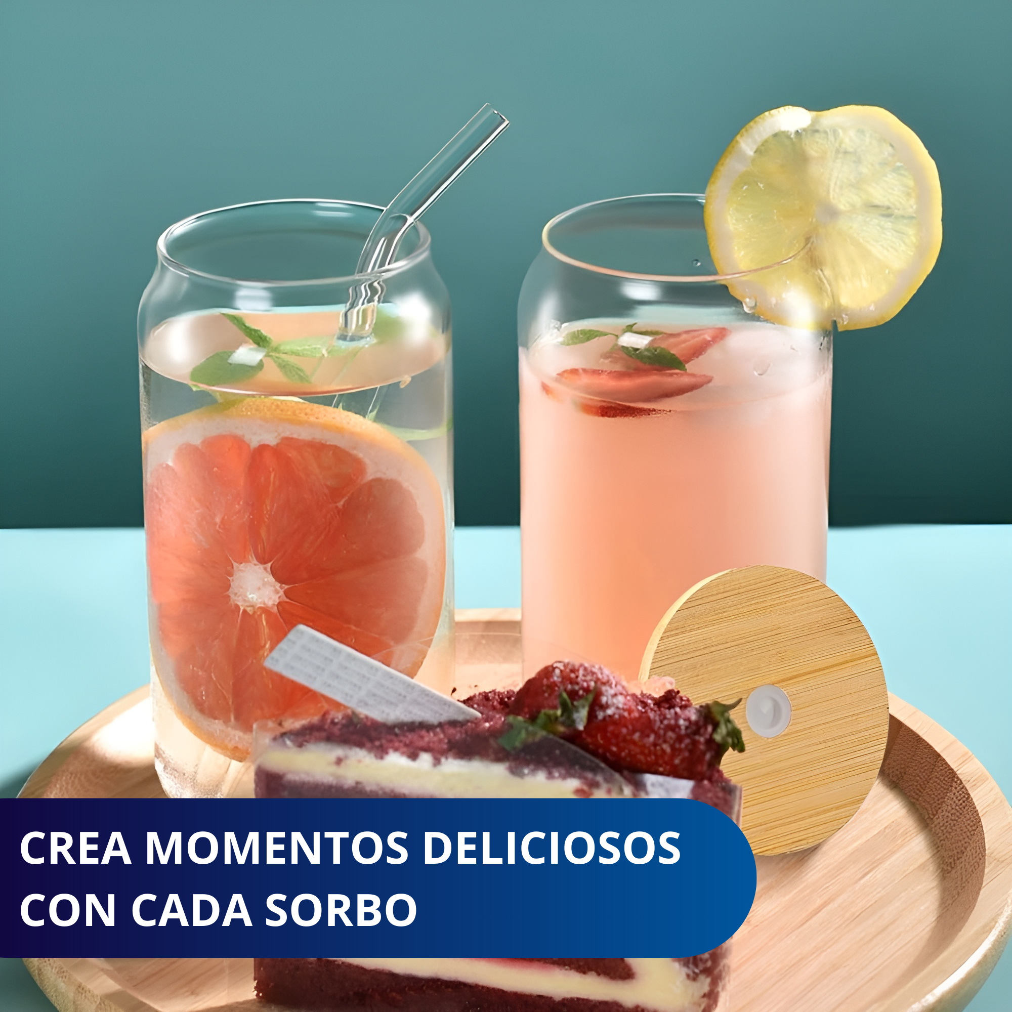 Vasos De Vidrio Con Popote Ecomlab Tapa Bambú Juego de 4 Pcs.