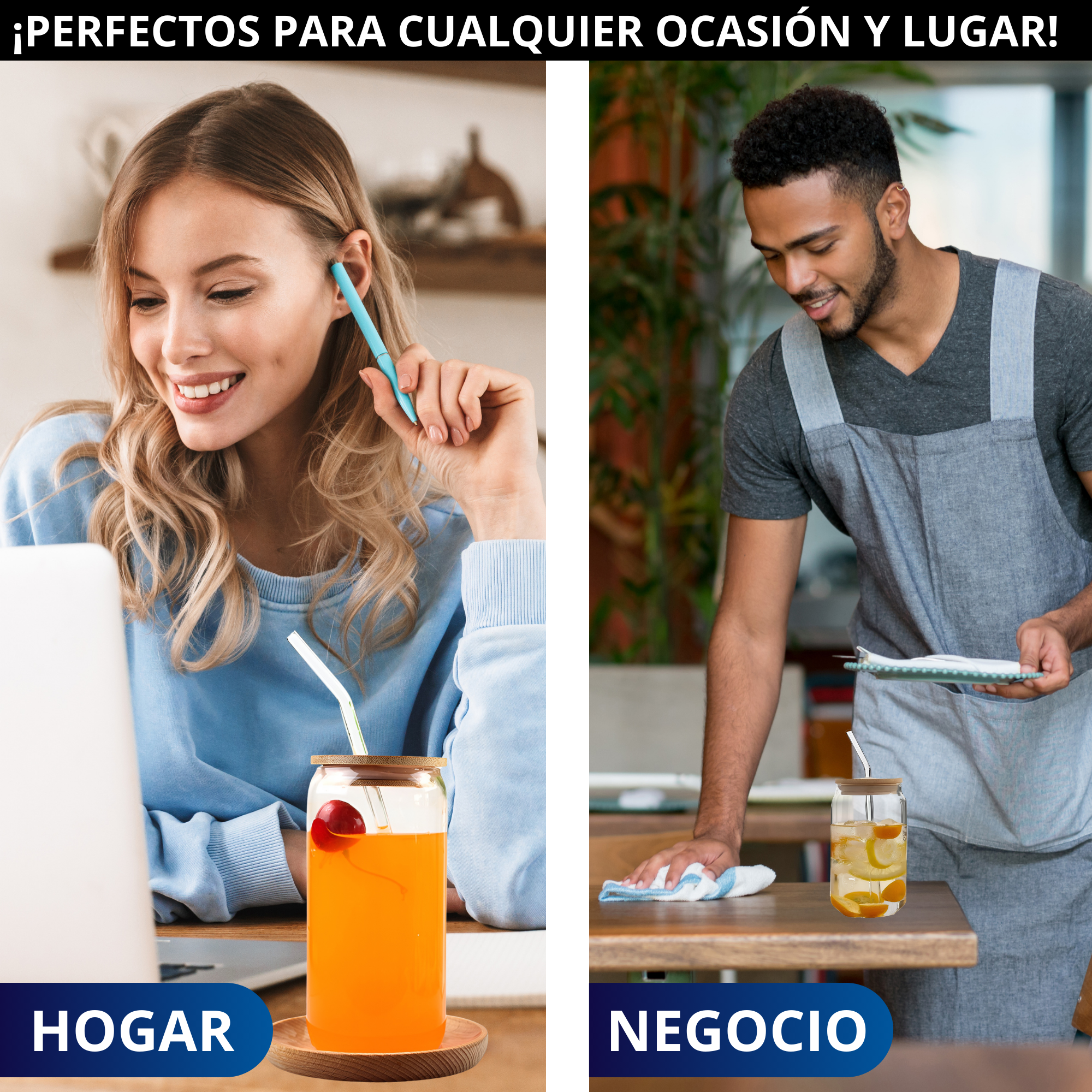 Vasos De Vidrio Con Popote Ecomlab Tapa Bambú Juego de 4 Pcs.