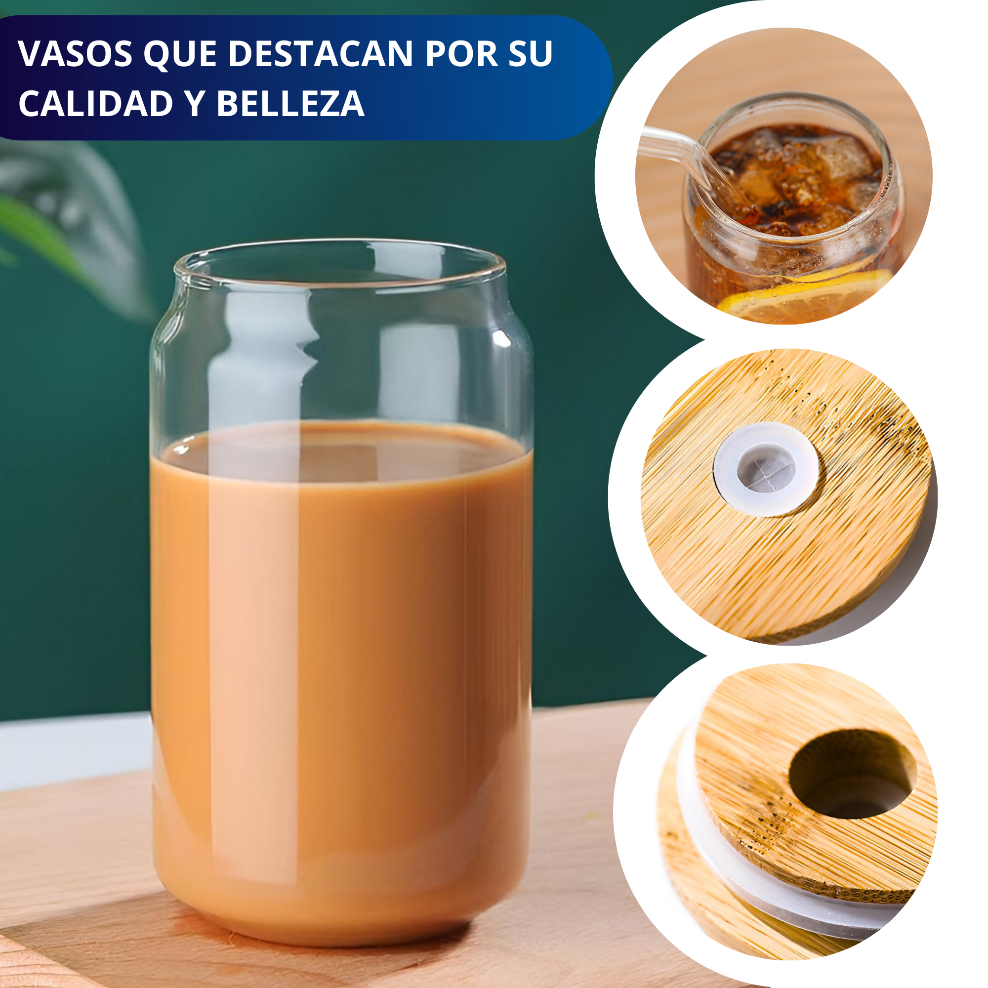 Vasos De Vidrio Con Popote Ecomlab Tapa Bambú Juego de 4 Pcs.