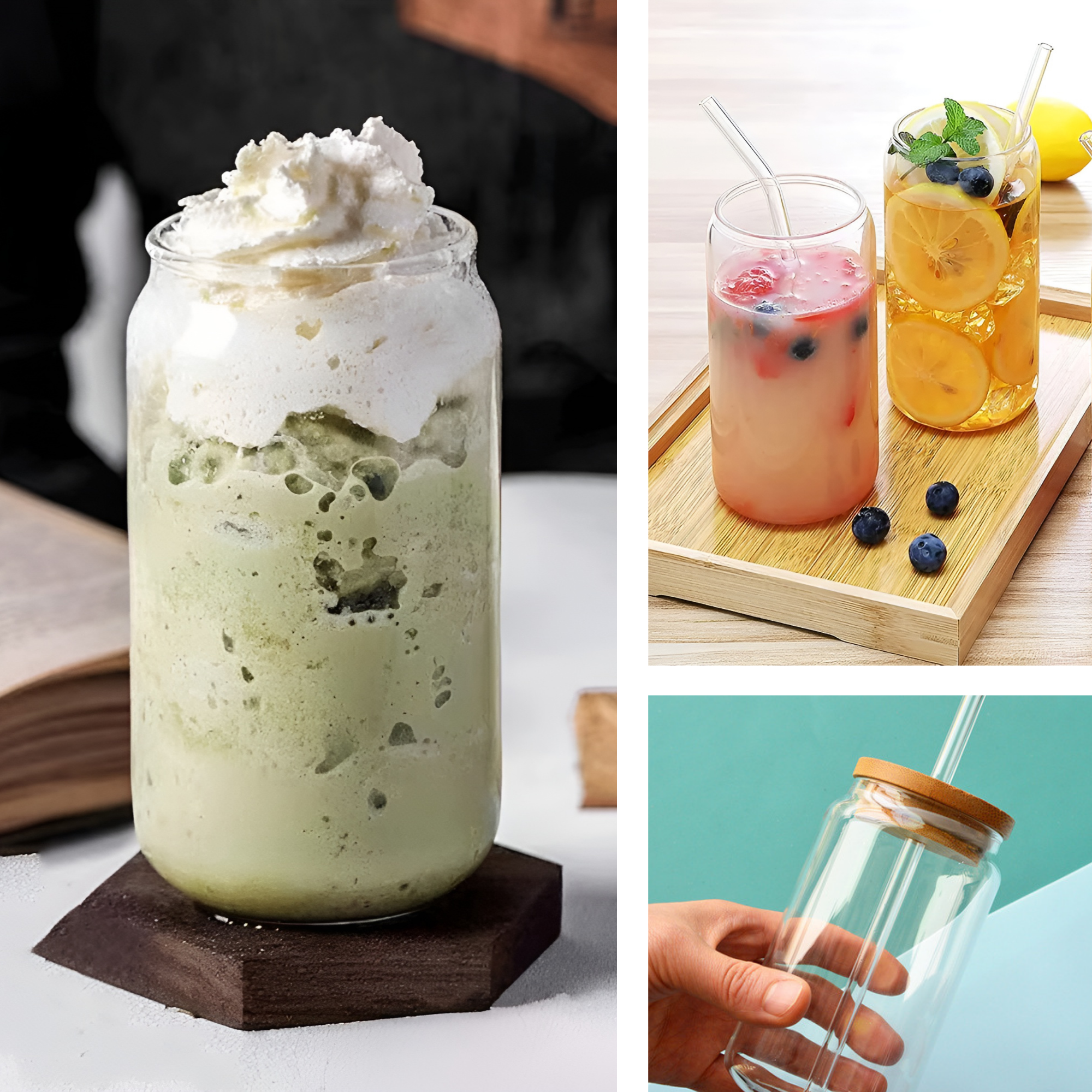 Vasos De Vidrio Con Popote Ecomlab Tapa Bambú Juego de 4 Pcs.