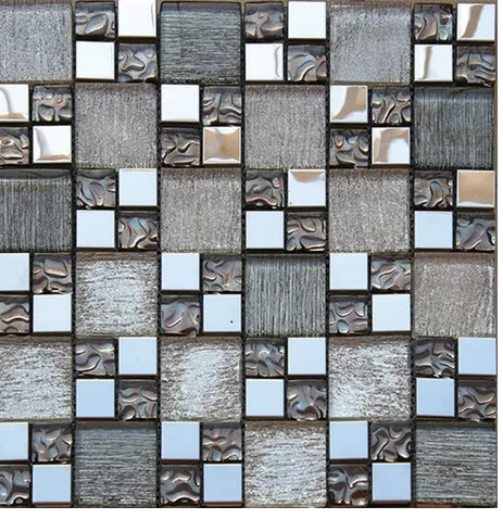 Malla o Mosaico Decorativo de vidrio y acero inoxidable PAO, medida 30 x 30 cms. (base por altura). Diseño en tonalidades café con aplicaciones en metal. Caja de 5 piezas..