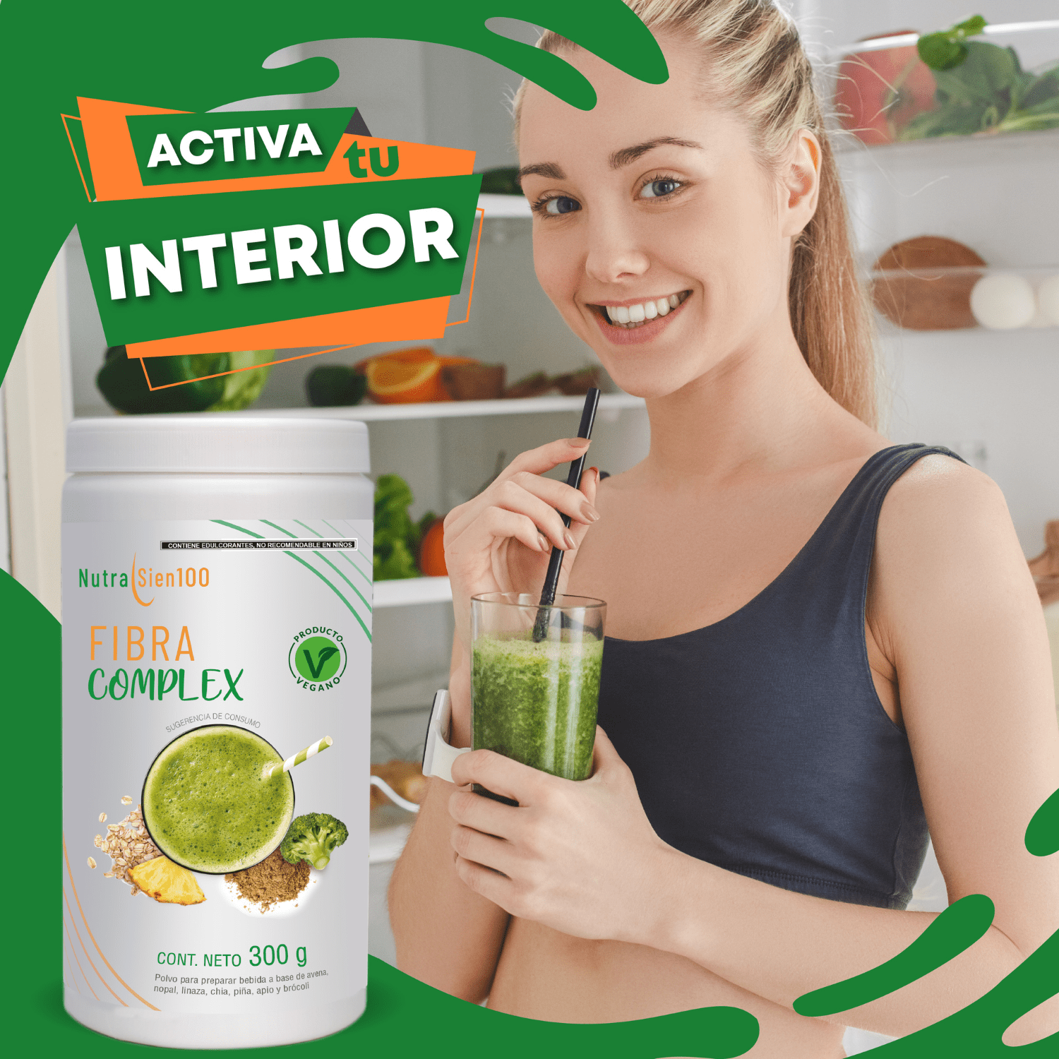 Nutrasien100. Fibra natural en Polvo Beneficia Salud Digestiva Regula Intestino Fortalece microbiota Sin Azúcar 20 porciones Fibra complex Sabor PIña