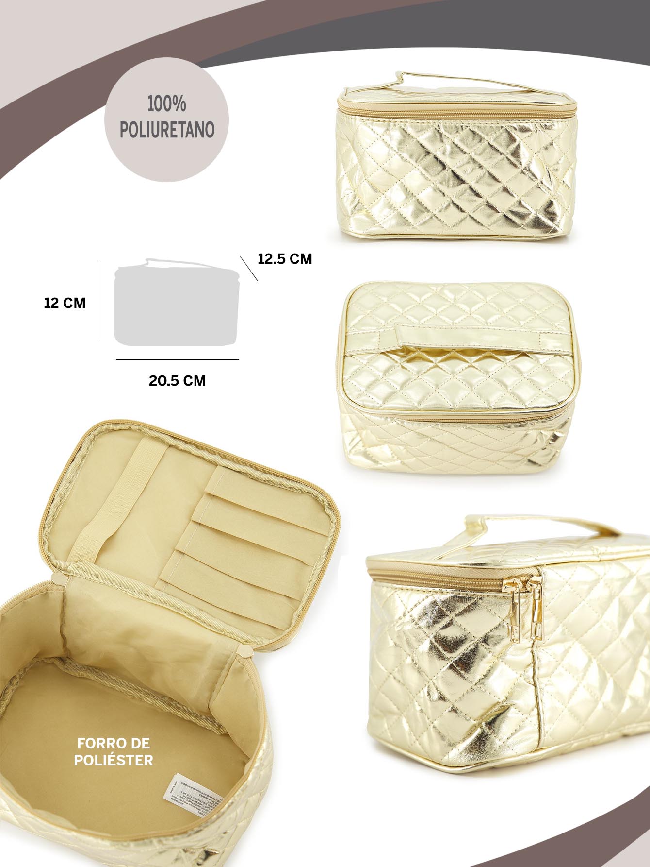 ADORN, Cosmetiquera básica acolchada para mujer, color dorado.