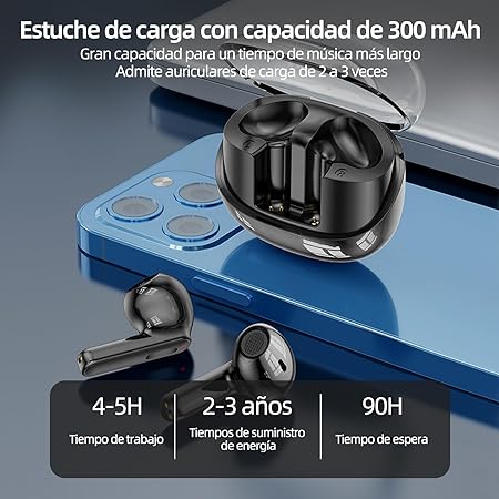 Audífonos Inalámbricos,Bluetooth 5.3 con 9D Estéreo HiFi,Auriculares Superligero Y Impermeable IPX7,Cancelación de Ruido, Audífonos Bluetooth con Control Táctil, Ideal para Xiaomi/Huawei/Samsung-Negro