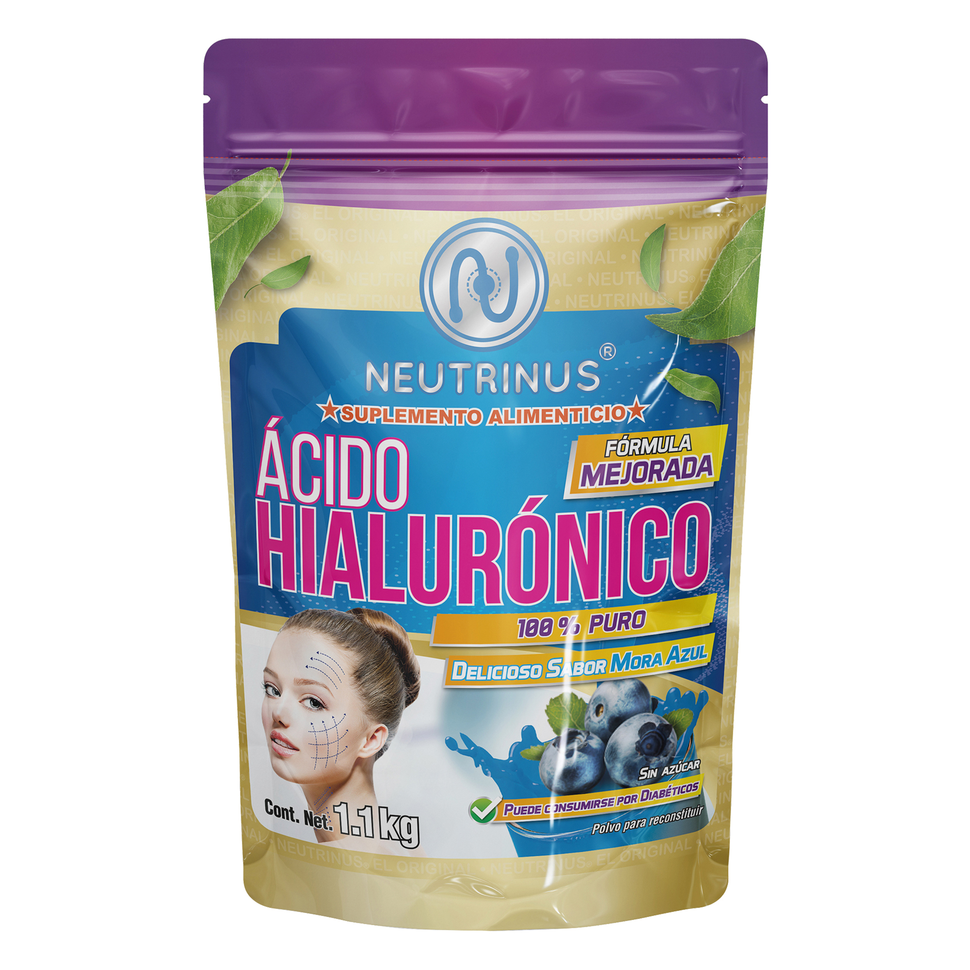 Suplemento Ácido Hialuronico 100% Puro En Polvo Sabor Mora Azul