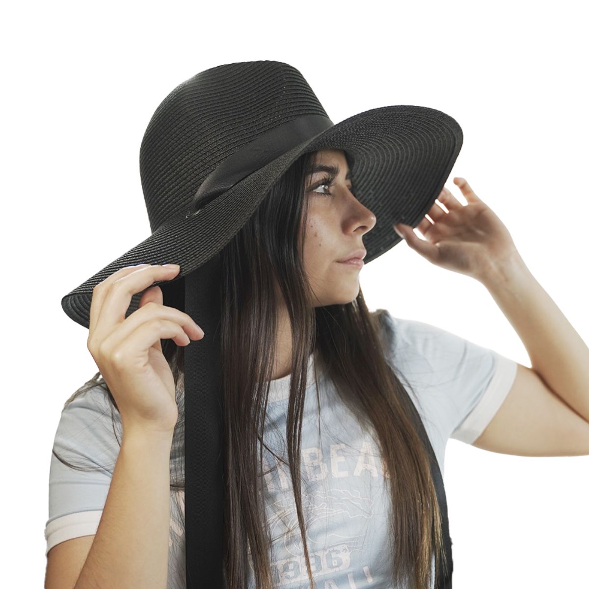 Sombrero de Playa color Negro de 20 cm con orificios y listón LoQuiero