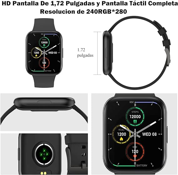 Smartwatch Reloj Inteligente,Salandens 1.72" Hombre Mujer Pulsera Inteligente, Pantalla Táctil Completa Impermeable IP68, Con Pulsómetro y Presión Arterial, Monitor de Calorías,Sueño,Podómetro,Relojes Deportes GPS Monitor de Pasos,Notificaciones Inteligentes, Banda Inteligente para Hombres, Mujeres Compatible con IOS, Android. (Negro)