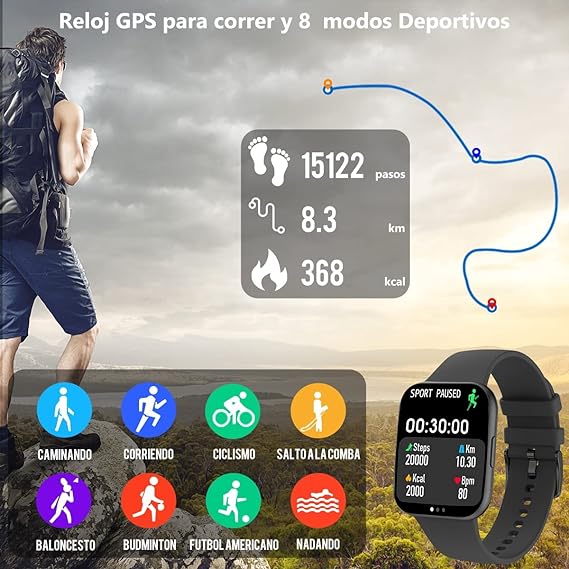 Smartwatch Reloj Inteligente,Salandens 1.72" Hombre Mujer Pulsera Inteligente, Pantalla Táctil Completa Impermeable IP68, Con Pulsómetro y Presión Arterial, Monitor de Calorías,Sueño,Podómetro,Relojes Deportes GPS Monitor de Pasos,Notificaciones Inteligentes, Banda Inteligente para Hombres, Mujeres Compatible con IOS, Android. (Negro)